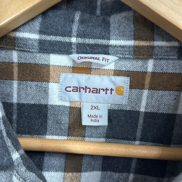 Carhartt original fit gray and brown plaid button-down flannel shirt size 2 XL. - Picture 5 of 10